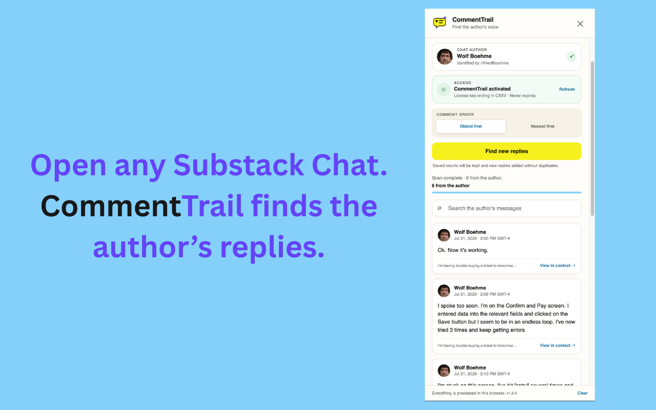 CommentTrail displaying an author’s messages inside a Substack Chat